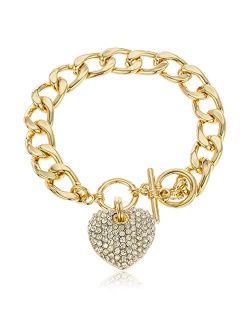 JOTW Heart Bracelet 12mm Cuban Link Toggle Chain Iced Out Sparkling Crystal Stones Bracelet for Women (S-1660)