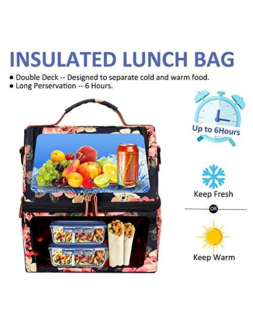 LOKASS Lunch Bags for Women Double Deck Insulated Lunch Box Large Cooler Tote Bag with Removable Shoulder Strap Wide Open Thermal Meal Prep Lunch Organizer Box for Work/O