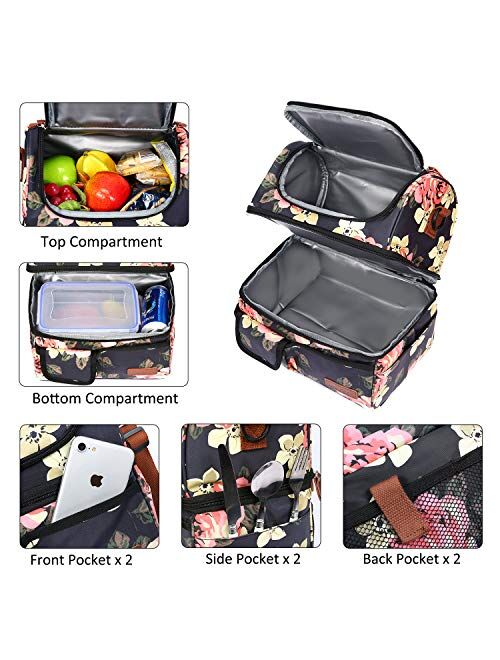 LOKASS Lunch Bags for Women Double Deck Insulated Lunch Box Large Cooler Tote Bag with Removable Shoulder Strap Wide Open Thermal Meal Prep Lunch Organizer Box for Work/O
