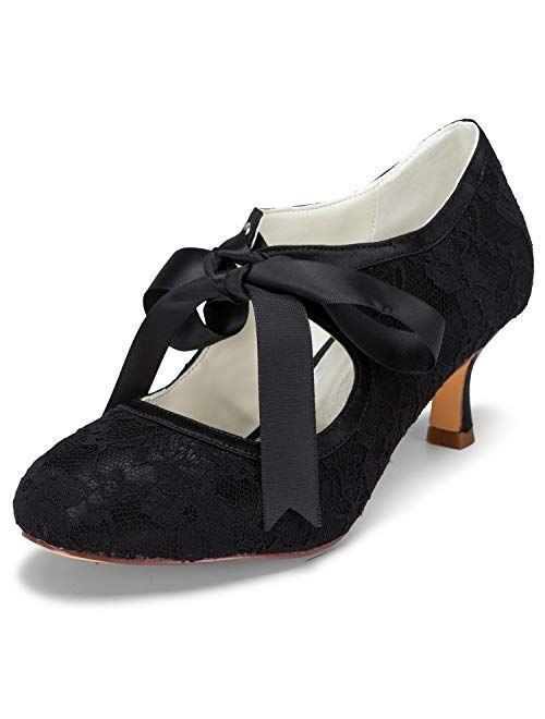 JIAJIA 140311 Stiletto Heel Lace Satin Pumps Ribbon Tie Bridal Wedding Shoes