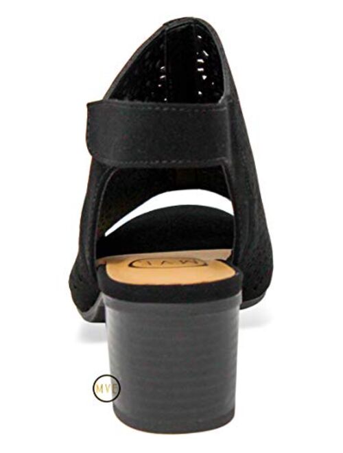 MVE Shoes Women's Peep Toe Open Ankle Sandal - Fashion Faux Leather Chunky Heel - Strappy Side Zipper