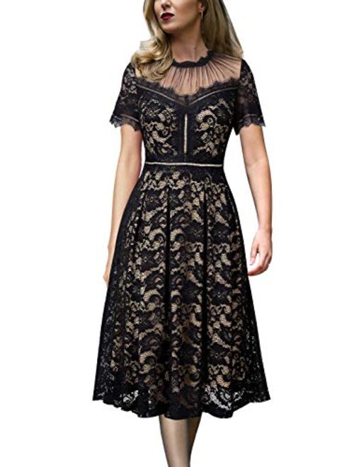 VFSHOW Womens Floral Lace Pleated Cocktail Wedding Party A-Line Midi Dress