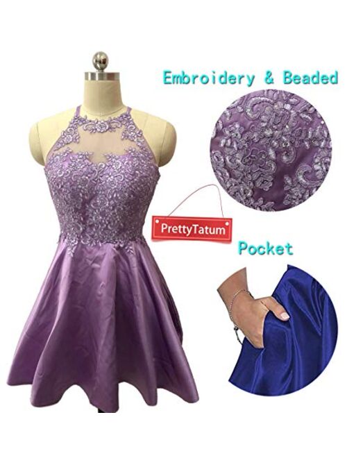 GAGC Woman's Short Homecoming Dresses for Juniors Lace Halter Neckline with Pockets