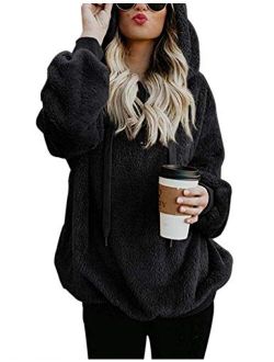 AMAOKYTOP Womens Oversized Sherpa Sweatshirt Fuzzy Fleece Soft Warm Pullover Sweater Zip Hoodie Pocket Coat