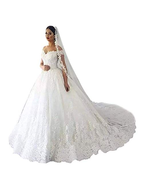 Andybridal Gorgeous Plus Size Off Shoulder Lace Court Train Bridal Gowns Wedding Dress for Bride 2020