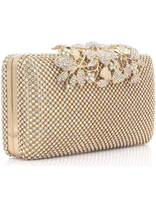 Dexmay Womens Evening Bag with Flower clasp Wedding Handbag Rhinestone Crystal Clutch Purse