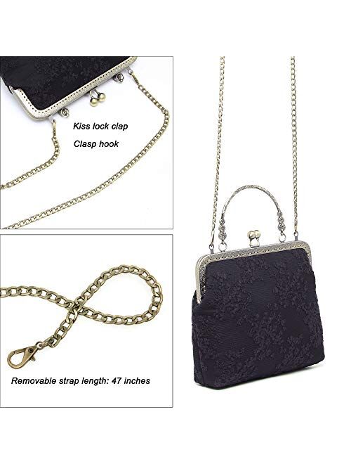 Rejolly Women Vintage Kiss Lock Top Handle Handbag Evening Purse Crossbody Shoulder Bag with Chain Strap