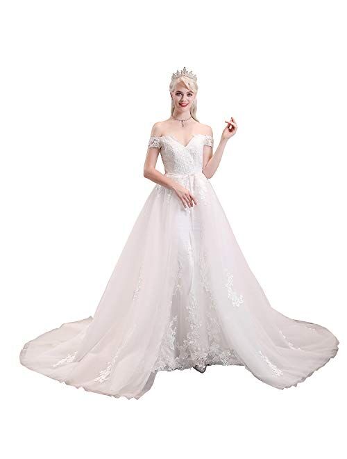 Yisha Bello Women's Off The Shoulder Wedding Dress for Bride Applique Beaded Tull A-Line Bridal Gown with Detachable Train