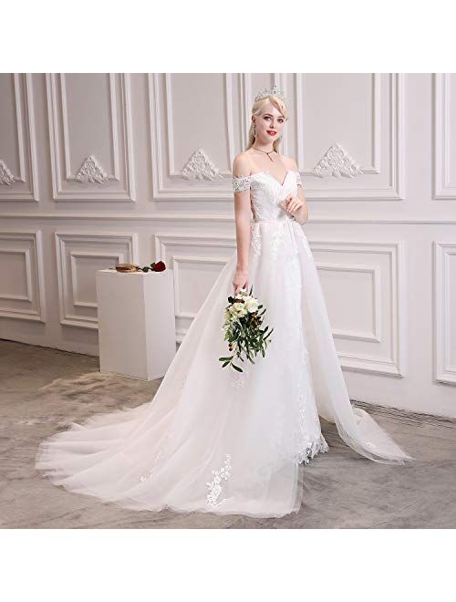 Yisha Bello Women's Off The Shoulder Wedding Dress for Bride Applique Beaded Tull A-Line Bridal Gown with Detachable Train