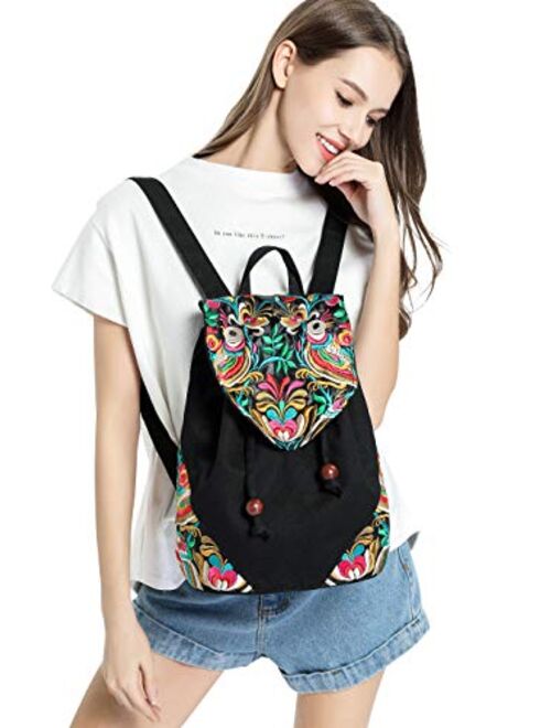 Embroidered Women's Backpack Purse, Cotton Canvas Shoulder Bag Daypack Travel Handbag