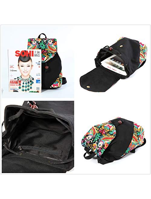 Embroidered Women's Backpack Purse, Cotton Canvas Shoulder Bag Daypack Travel Handbag