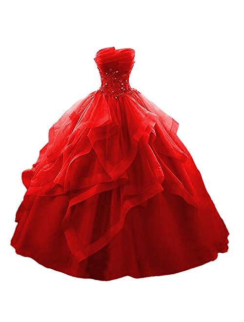 Prom Dress Long Ruffles Ball Gown Long Quinceanera Dresses Strapless Lace Beaded Prom Dress Princess Gowns