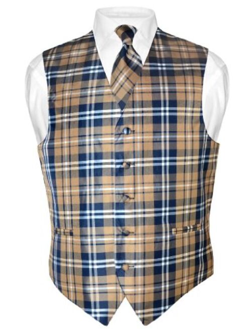 Men's Plaid Design Dress Vest & Necktie Navy Brown White Neck Tie Set