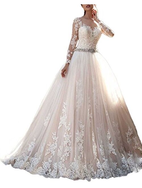 Thrsaeyi Women's 2019 Lace Wedding Dresses Bridal Gowns Long Sleeves Ball Gowns
