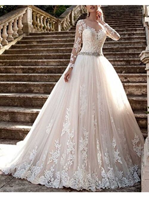 Thrsaeyi Women's 2019 Lace Wedding Dresses Bridal Gowns Long Sleeves Ball Gowns
