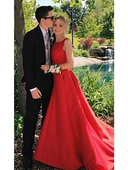 Prom Dresses Satin Long A-Line Formal Beaded Evening Gown with Pockets for Women