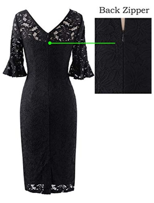 VFSHOW Womens Ruffle Bell Sleeve Work Business Cocktail Party Sheath Dress