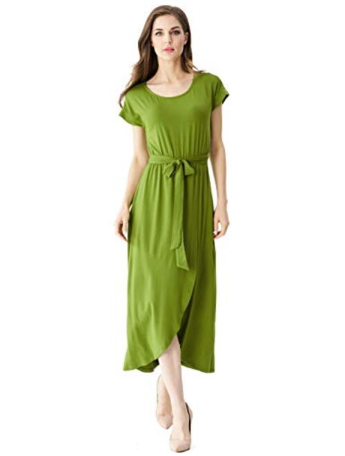 Aphratti Womens Casual Short Sleeve Slit Beach Asymmetrical Maxi Dress