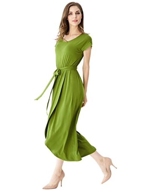 Aphratti Womens Casual Short Sleeve Slit Beach Asymmetrical Maxi Dress