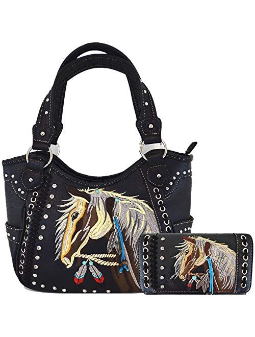Tooled Leather Laser Cut Concealed Purse Horse Country Western Cowgirl Handbags Shoulder Bags Wallet Set