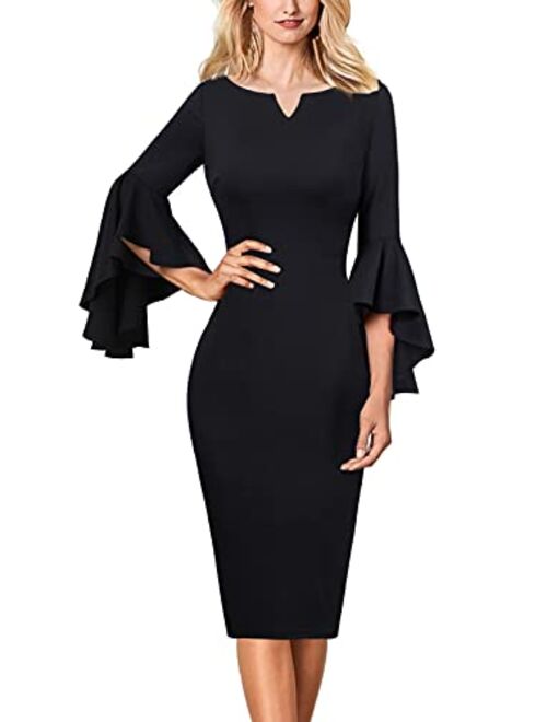 VFSHOW Womens Notch V Neck Ruffle Bell Sleeve Cocktail Party Bodycon Pencil Dress