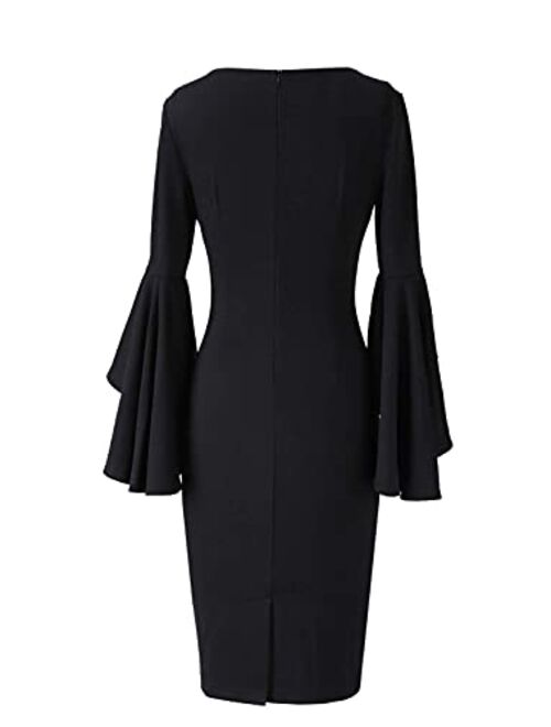 VFSHOW Womens Notch V Neck Ruffle Bell Sleeve Cocktail Party Bodycon Pencil Dress