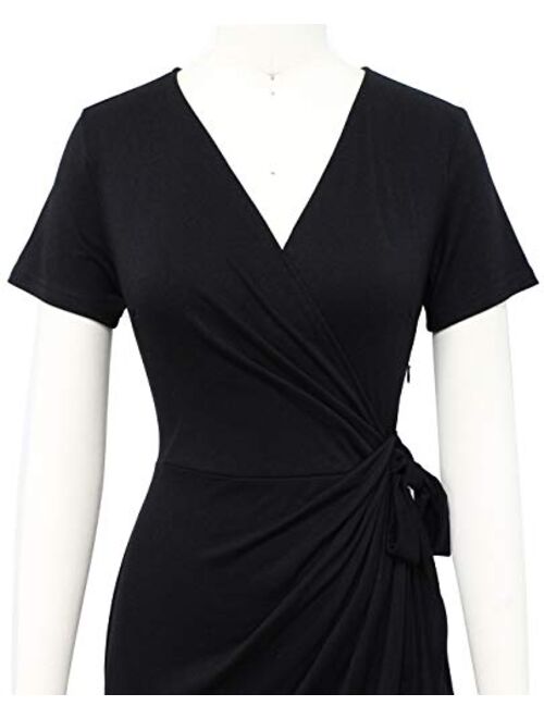 Lyrur Women's Classic V-Neck Casual Party Knee Length Sheath Work Short Sleeve Faux Black Wrap Dress