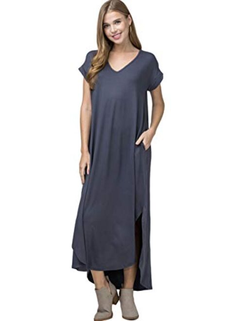 Entro Women's Short Sleeve V Neck Loose Fit Knit Maxi Dress with Hi Low Hem