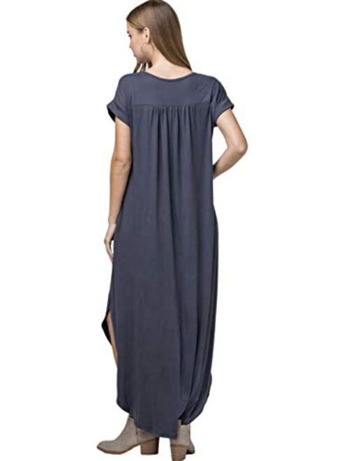 Entro Women's Short Sleeve V Neck Loose Fit Knit Maxi Dress with Hi Low Hem