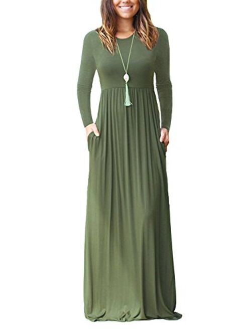 ThusFar Women's Plain Long Sleeve Round Neck Long Tunic Maxi Dress with Pockets
