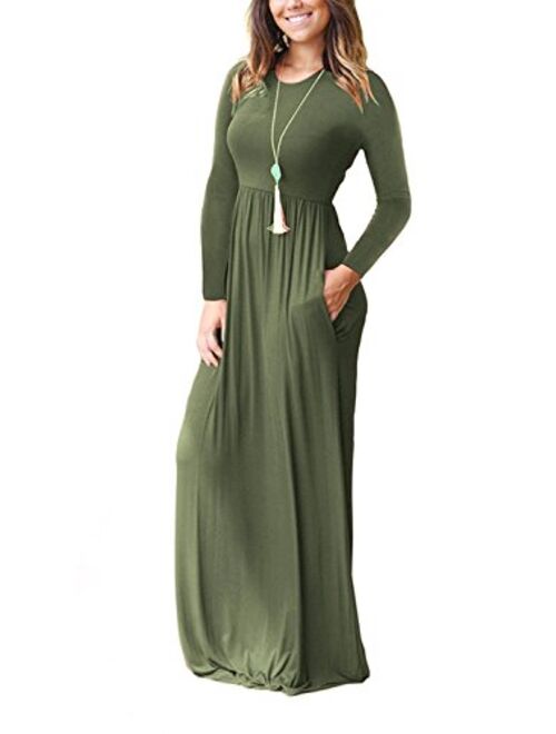 ThusFar Women's Plain Long Sleeve Round Neck Long Tunic Maxi Dress with Pockets