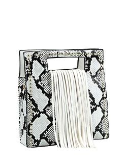 Snake Leopard Animal Print Fringed Vegan Leather Handle Satchel Crossbody Purse