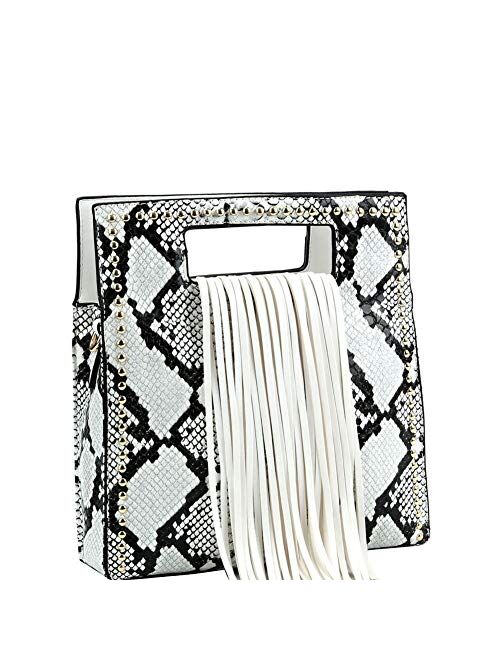 Snake Leopard Animal Print Fringed Vegan Leather Handle Satchel Crossbody Purse
