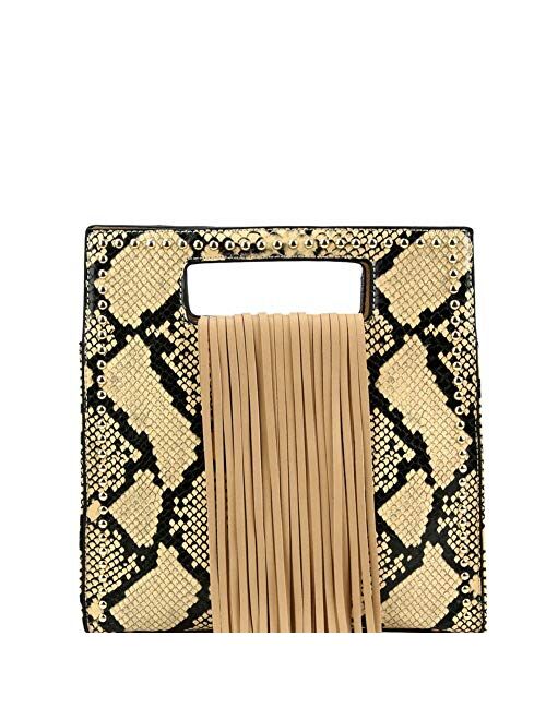 Snake Leopard Animal Print Fringed Vegan Leather Handle Satchel Crossbody Purse