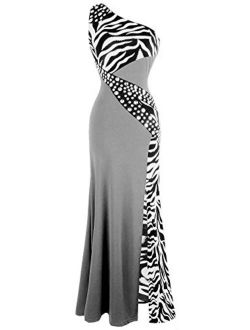 Angel-fashions Women's One Shoulder Zebra Gemstones Splicing Evening Dress
