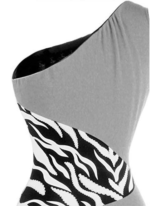 Angel-fashions Women's One Shoulder Zebra Gemstones Splicing Evening Dress