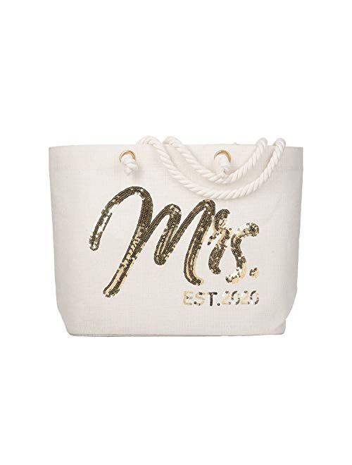 ElegantPark Wifey Wedding Bride Tote Bridal Shower Gift Interior Pocket White Jumbo Shoulder Bag with Gold Sequin 100% Jute