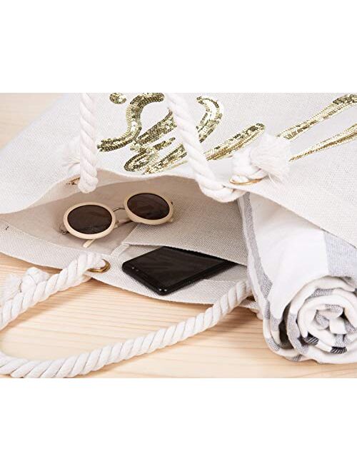 ElegantPark Wifey Wedding Bride Tote Bridal Shower Gift Interior Pocket White Jumbo Shoulder Bag with Gold Sequin 100% Jute