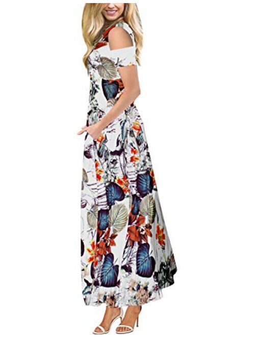 CHERFLY Women's Summer Floral Long Dress Cold Shoulder Short Sleeve Maxi Dresses with Pocket