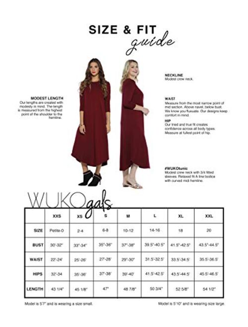 WUKOgals Tunic Modest 3/4 Straight Sleeve A-Line Midi Swing Dress with Curved Hemline