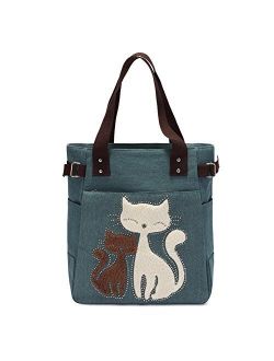 Women Canvas Handbag Kaukko Shoulder Bag Cat Big Tote Bag
