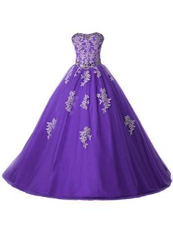 Eldecey Women's Lace Applique Floor Length Tulle Ball Gown Quinceanera Dress