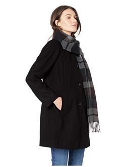Women's Raglan Thigh Length Button Front Wool Coat with Scarf
