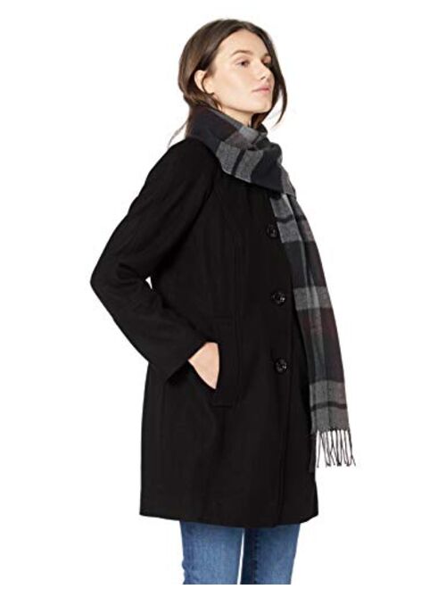 LONDON FOG Women's Raglan Thigh Length Button Front Wool Coat with Scarf