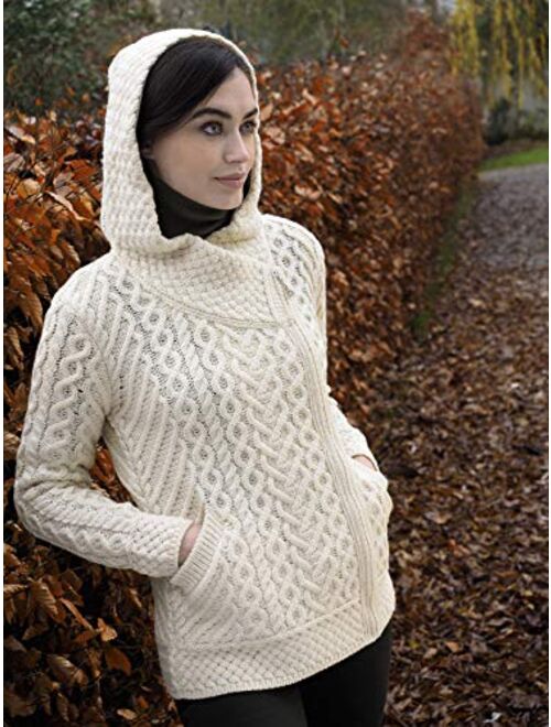 Aran Crafts Women's Cable Knit Comfortable Side Zip Hoodie (100% Merino Wool)