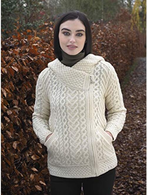 Aran Crafts Women's Cable Knit Comfortable Side Zip Hoodie (100% Merino Wool)