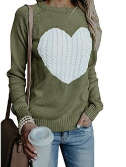Valphsio Women's Cute Cable Knitted Pullover Sweaters Crewneck Heart Patchwork Jumpers Tops