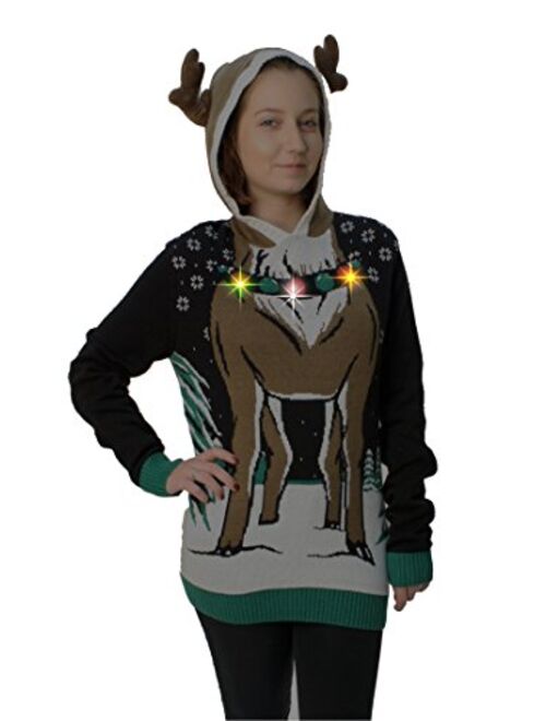 Ugly Christmas Sweater Plus Size Women's Reindeer Hooded Light Up Pullover Sweatshirt