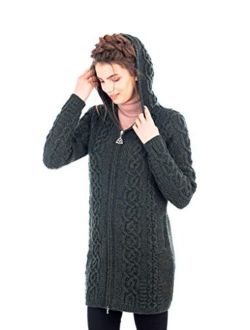 SAOL 100% Merino Wool Women Celtic Zipper Irish Aran Cardigan with Hood