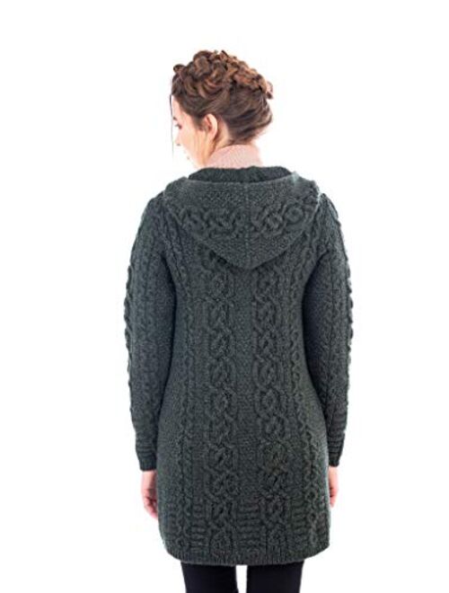 SAOL 100% Merino Wool Women Celtic Zipper Irish Aran Cardigan with Hood
